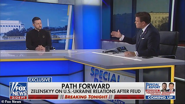 A Zelensky, hablando con Fox News, Bret Baier le preguntó en blanco si le debía a Trump una disculpa y se filibuste dos veces antes de negarse y, en su lugar, intentar ser amable y agregar 