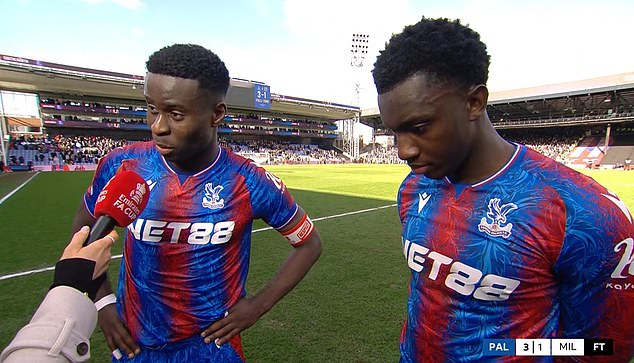 El capitán de Crystal Palace Marc Guehi (izquierda) y Eddie Nketiah enviaron sus mejores deseos a Mateta