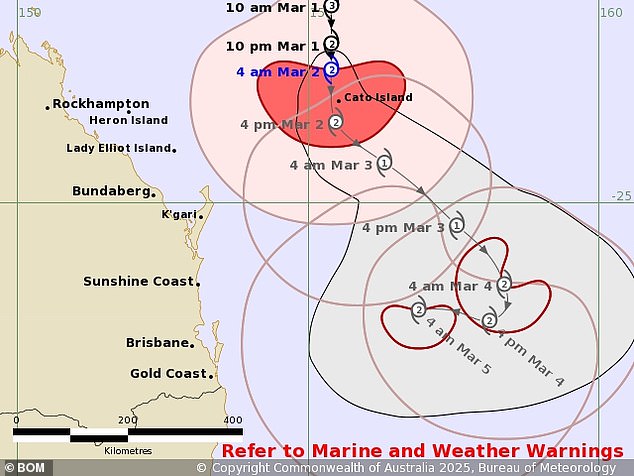 Queensland ha sido maltratada por fuertes vientos y olas masivas en los últimos días, con el gran complejo escondido de la isla Keppel evacuado el jueves pasado. Bom Map en la foto