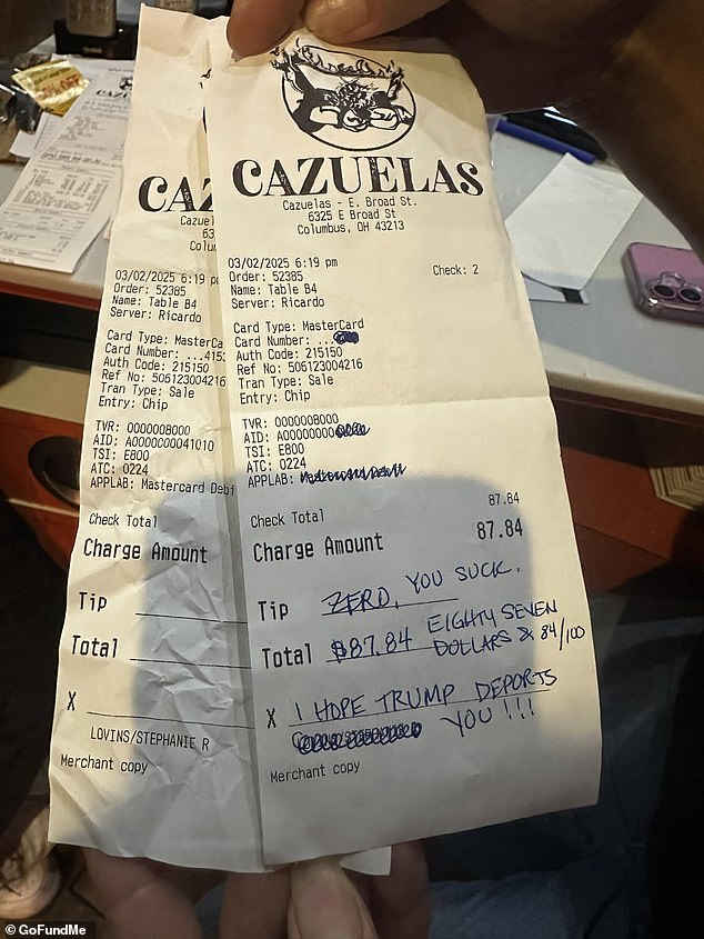 Un empleado de Cazuelas mexicano Restaurant & Cantina publicó una foto del recibo a las redes sociales después del incidente, y rápidamente se volvió viral. El jefe de marketing del restaurante, Fabio Oribo, le dijo a WCMH que el servidor tiene dos trabajos y que el cliente parecía molesto por una política de cupón