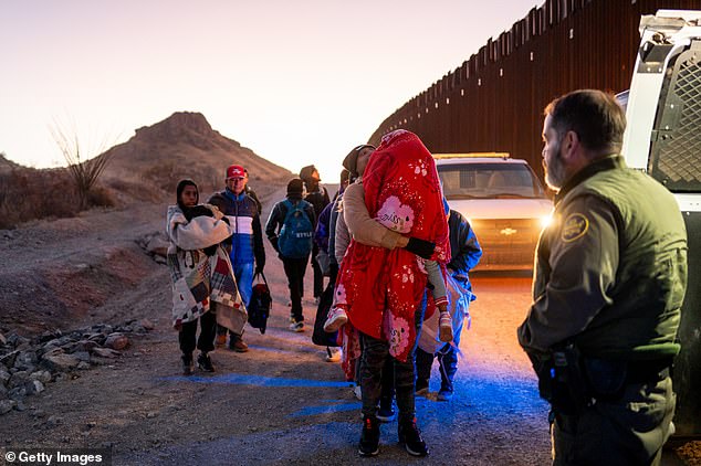 Ruby, Arizona - 05 de enero: los migrantes se entregan a los oficiales de aduanas y patrulla fronteriza de los Estados Unidos después de cruzar una sección de la pared fronteriza en los Estados Unidos el 05 de enero de 2025 en Ruby, Arizona. Una nueva aplicación permite a las personas 'autodecortarse'