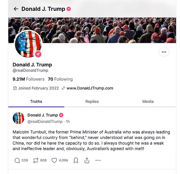 Donald Trump salvó al ex primer ministro Malcolm Turnbull como un líder débil después de que le dijo a Daily Mail que el presidente estadounidense sería reacio a defender a Australia contra China