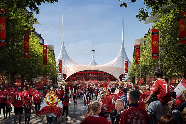 La versión propia de Wembley Way (en la foto en el concepto de arriba) de los Red Devils (en la foto en el concepto de arriba) se extendería más allá de la estatua actual de la Santísima Trinidad hasta el Old Trafford existente.