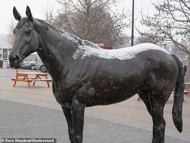 La nieve temprano en la mañana se ve en la estatua de mejor compañero en Cheltenham el miércoles