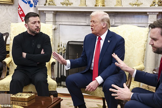 Zelensky habla con el presidente de los Estados Unidos, Donald Trump, y el vicepresidente de los Estados Unidos, JD Vance, en el Director Oval