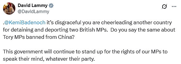 Líder Tory Kemi Badenoch bajo fuego después de que respalda el derecho de Israel a rechazar la entrada a dos parlamentarios laborales 14 La secretaria de Relaciones Exteriores, David Lammy, marcó la Sra. Badenoch 'Desgraciada' por 'animar a otro país por detener y deportar a dos parlamentarios británicos'